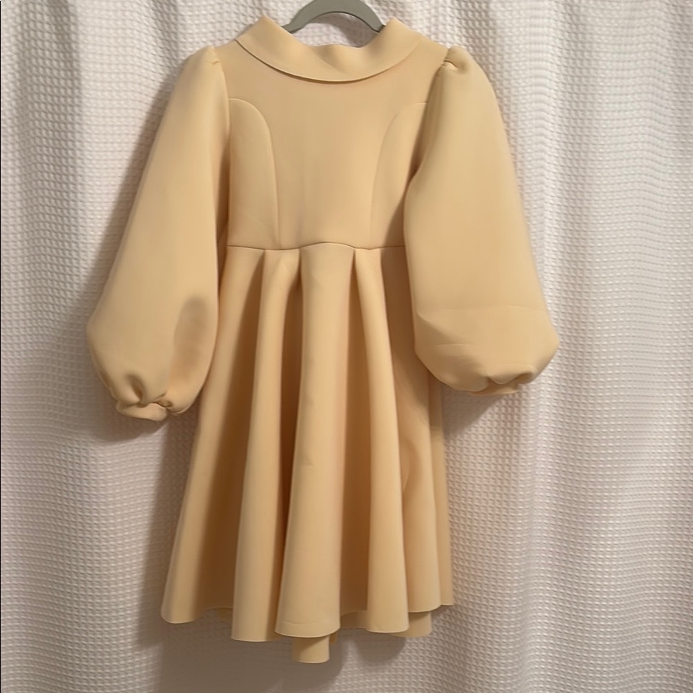 Joyfolie Cream Pleated Dress with Puff Sleeves